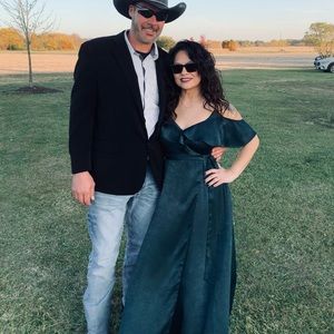 Moriah Emerald Green Satin Wrap Maxi Dress. 
Gorgeous wedding guest dress.